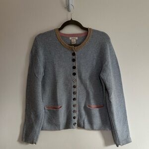 Sundance Merino Wool Gray Cardigan, Tan & Pink Contrast Trim, Size Medium